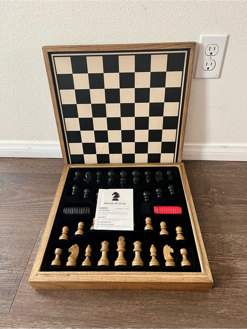 Wooden Chess and Checkers Set with Black and Natural Pieces